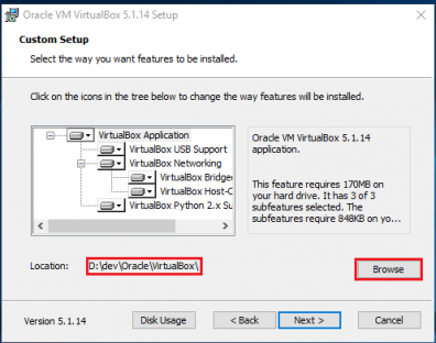VirtualBox custom setup features selection