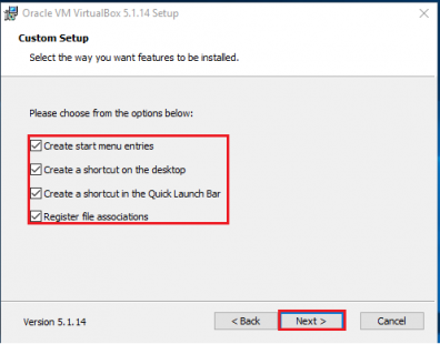 VirtualBox custom setup features selection